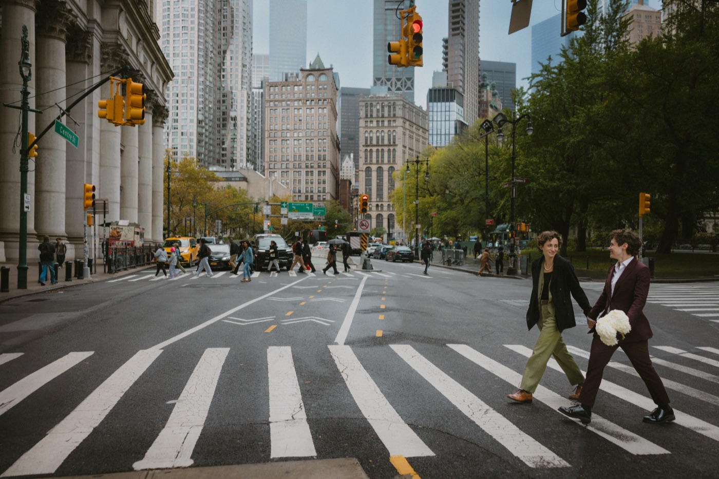 Katie and Anna crossing the street